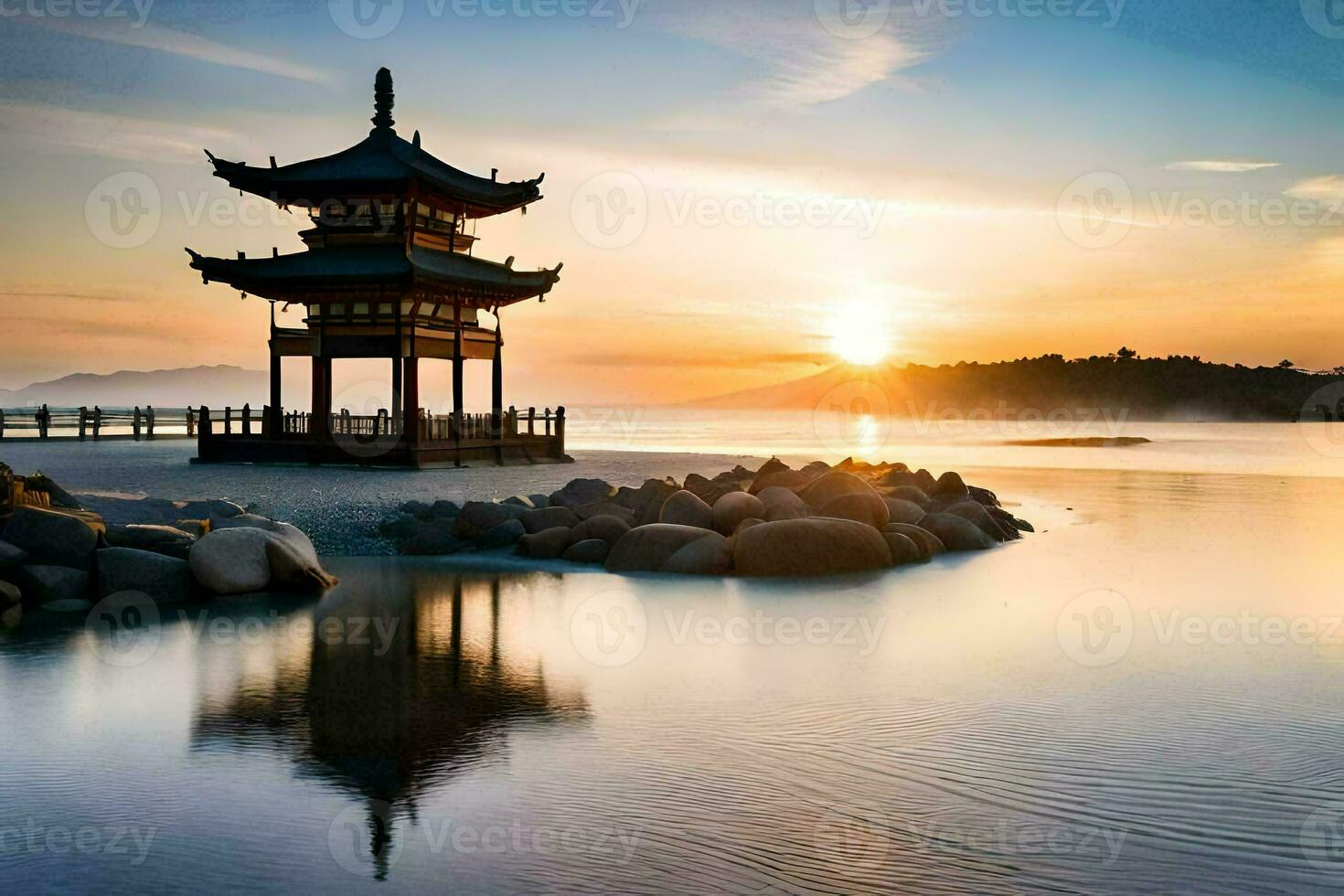 une pagode des stands sur le rive de une Lac à le coucher du soleil. généré par ai photo