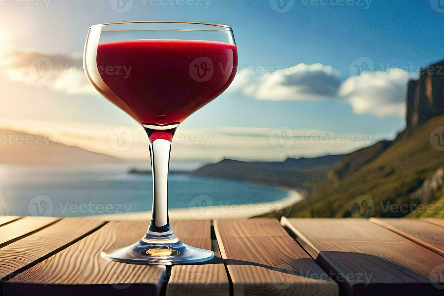 une verre de rouge du vin sur une en bois tableau. généré par ai photo