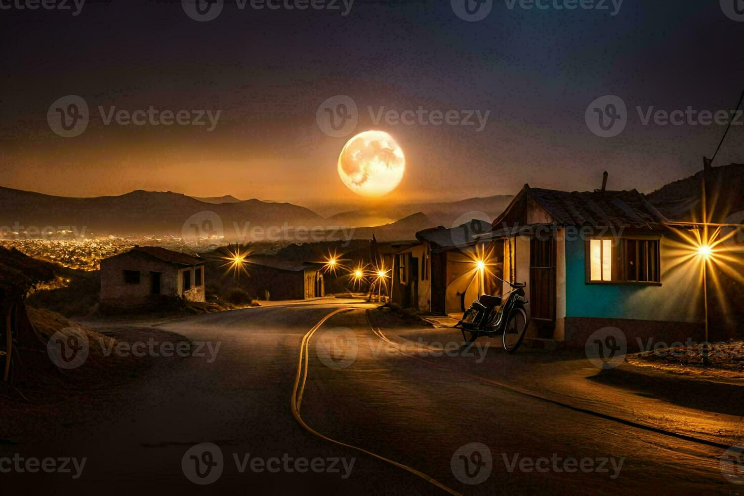 une plein lune est vu plus de une ville à nuit. généré par ai photo