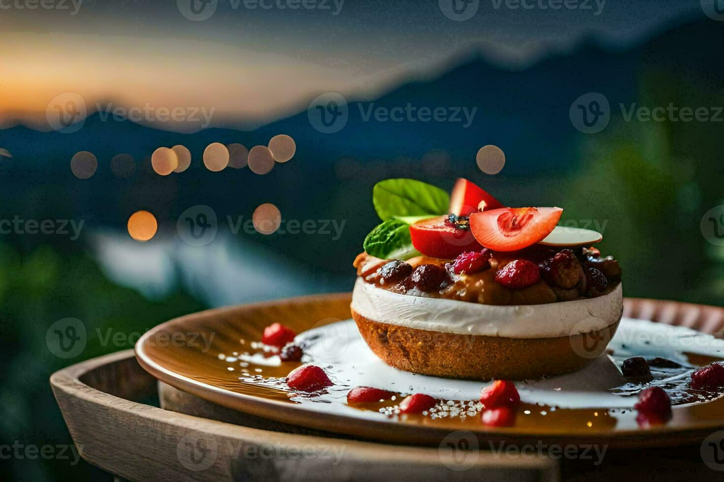 une dessert avec baies et crème sur une en bois plaque. généré par ai photo