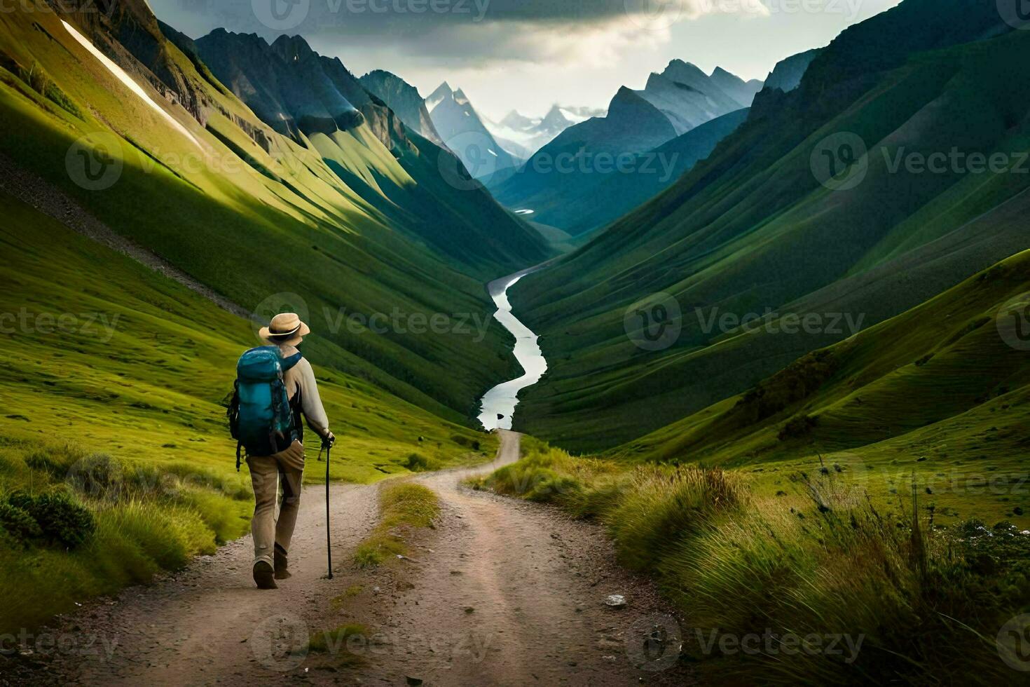 une homme avec une sac à dos en marchant vers le bas une chemin dans le montagnes. généré par ai photo