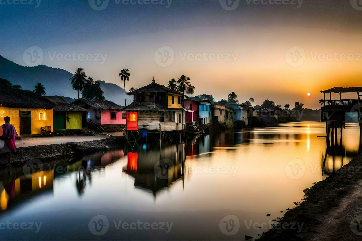 une rivière dans le milieu de une village à le coucher du soleil. généré par ai photo