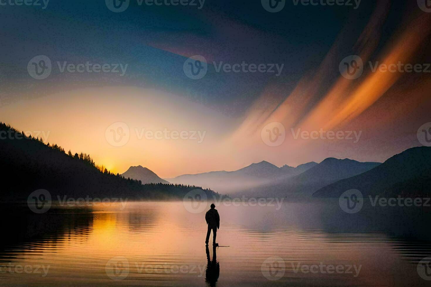 une homme permanent sur une Dock à le coucher du soleil dans le montagnes. généré par ai photo