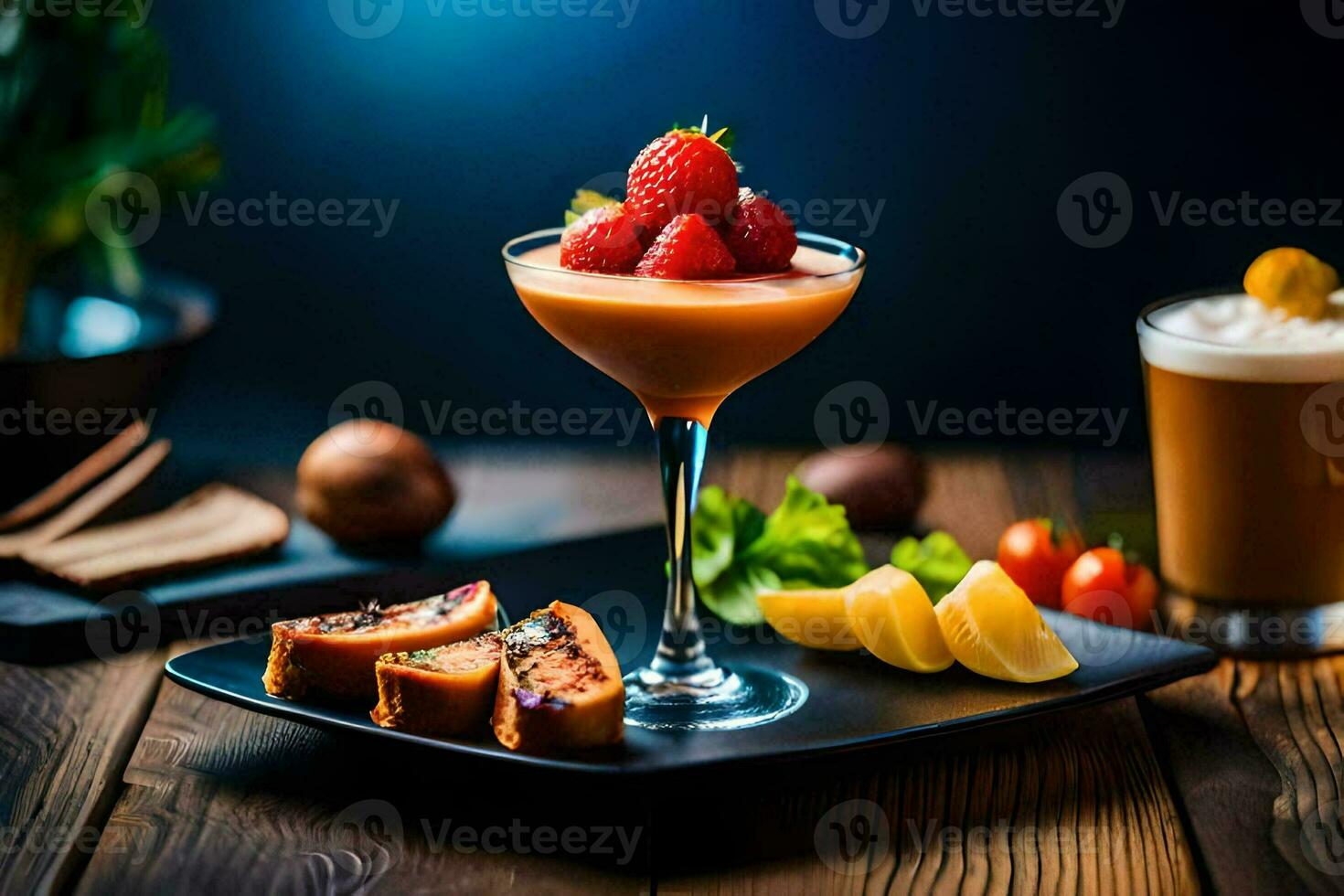 une dessert avec des fraises et une boisson sur une noir plaque. généré par ai photo