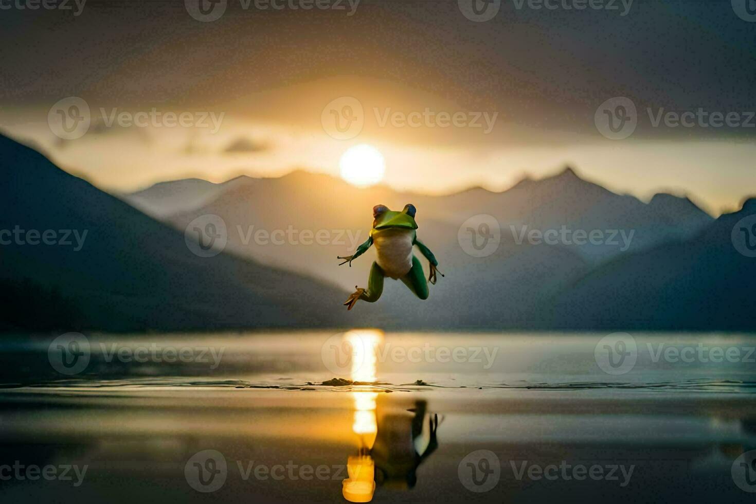 une grenouille sauter dans le l'eau à le coucher du soleil. généré par ai photo