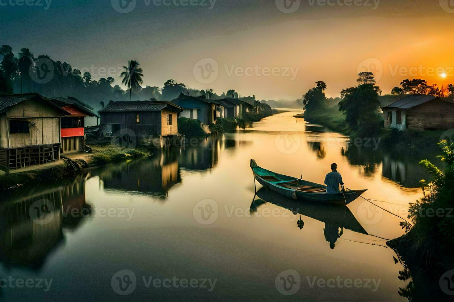 une homme dans une bateau sur une rivière dans de face de Maisons. généré par ai photo