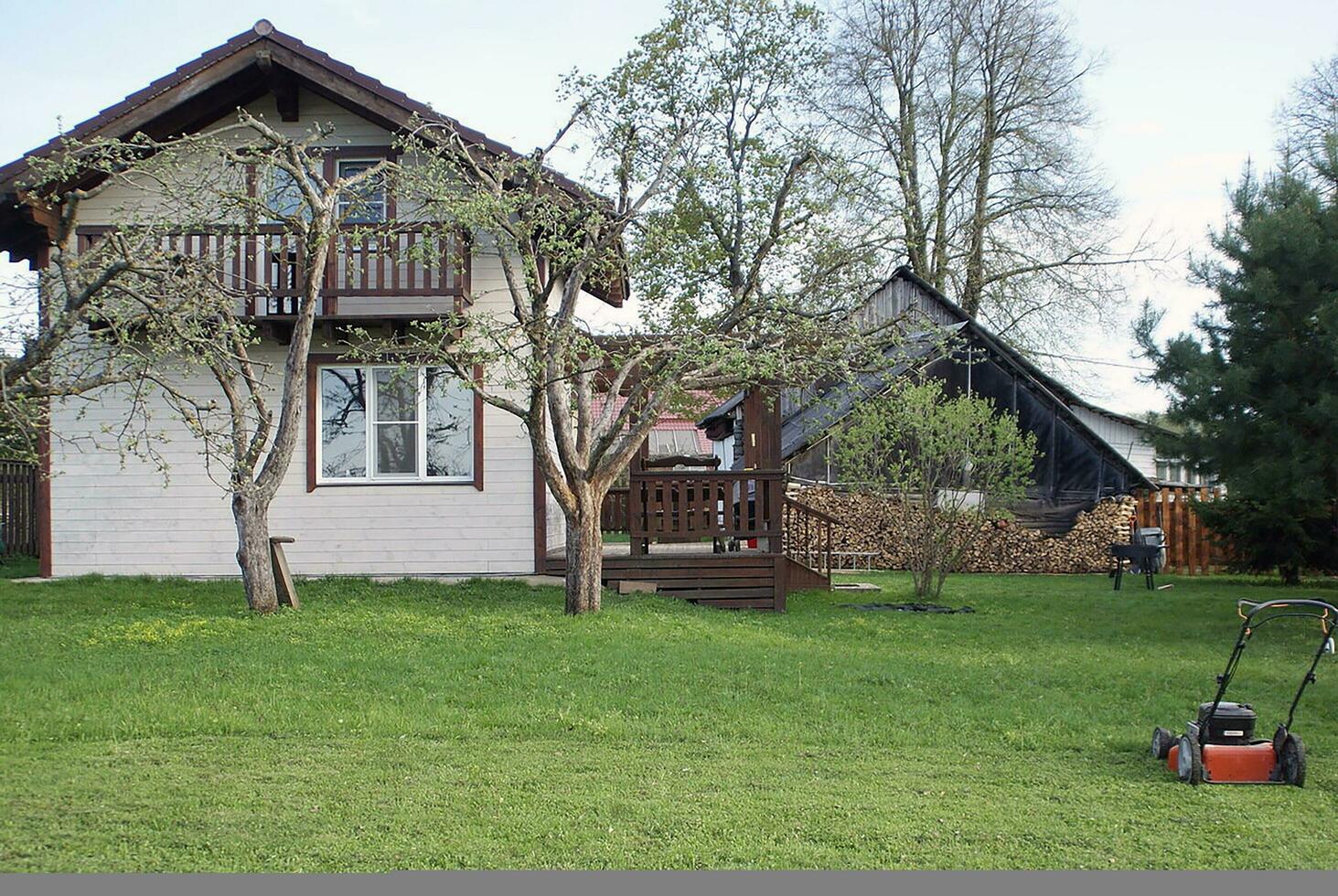 pelouse près le maison vieux en bois maison avec des arbres dans une vert jardin photo