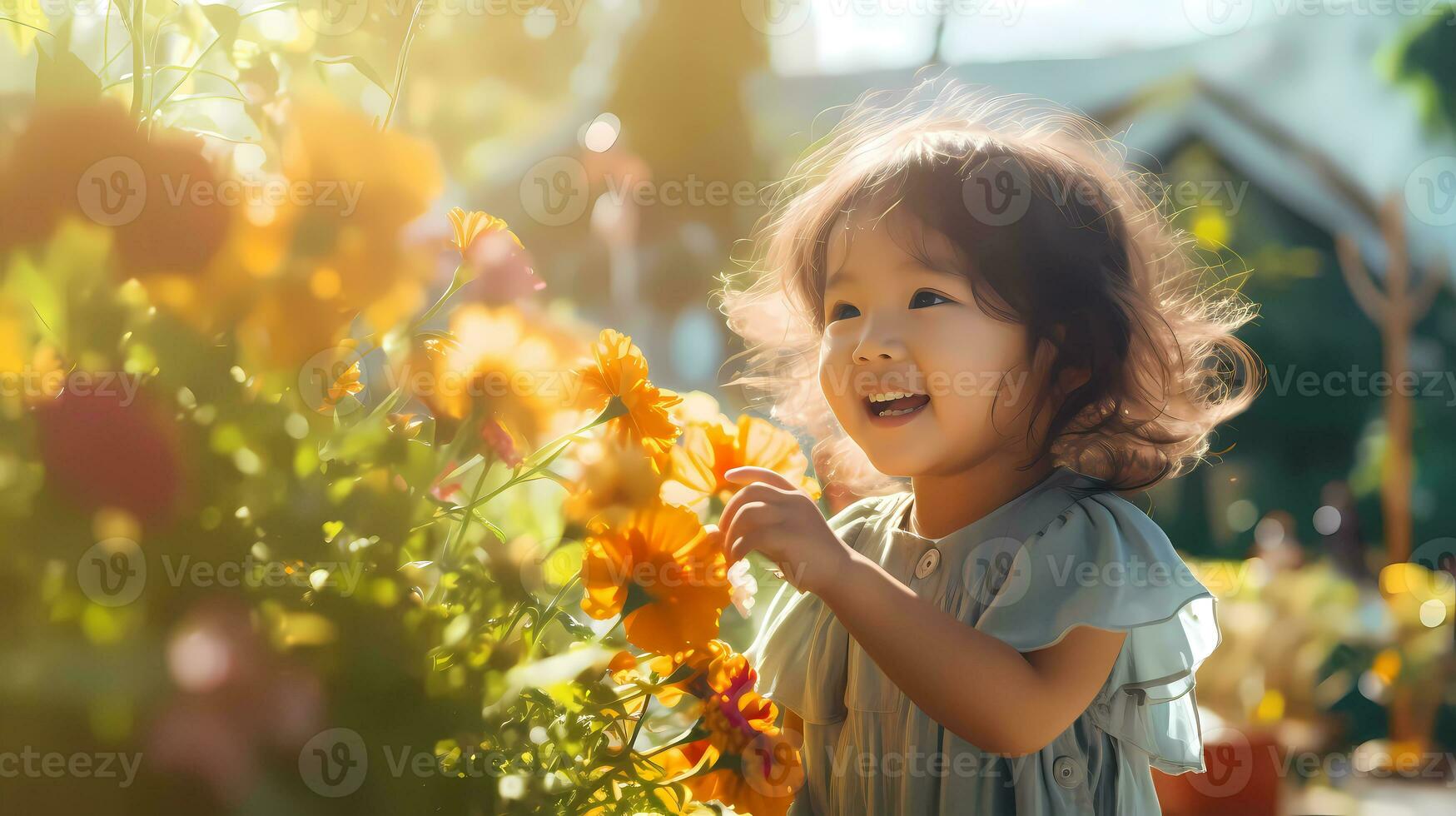 ai généré peu fille jardinage avec paysage plein de fleurs sur chaud ensoleillé journée. famille activité. jardinage et agriculture concept photo