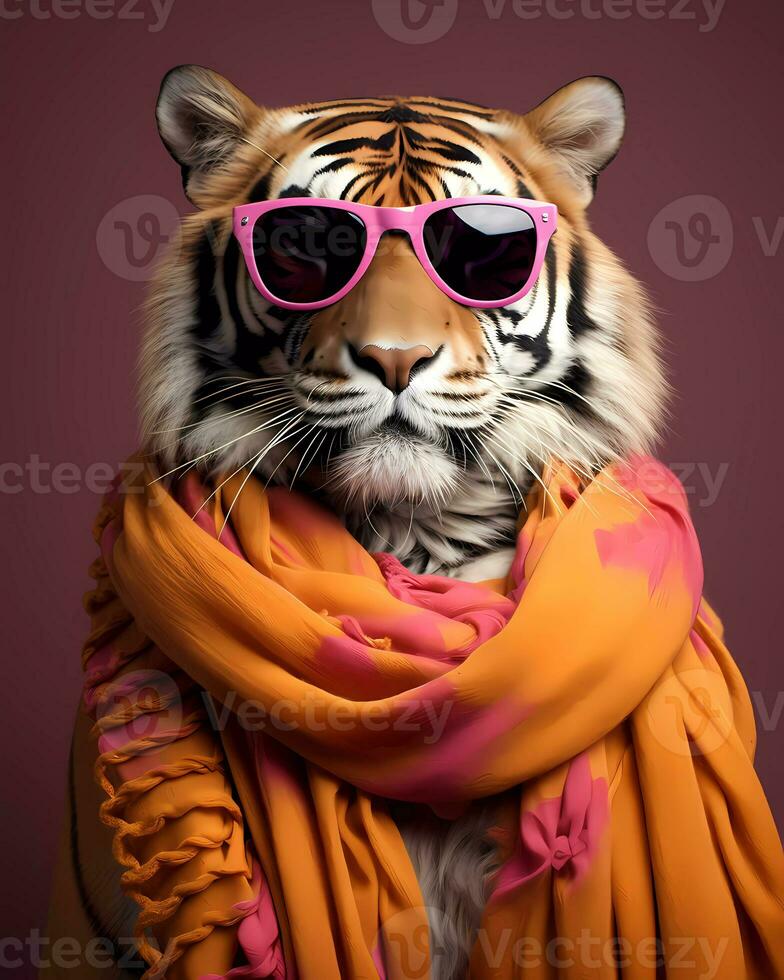 ai généré proche en haut photo de tigre avec foulard. copie espace.