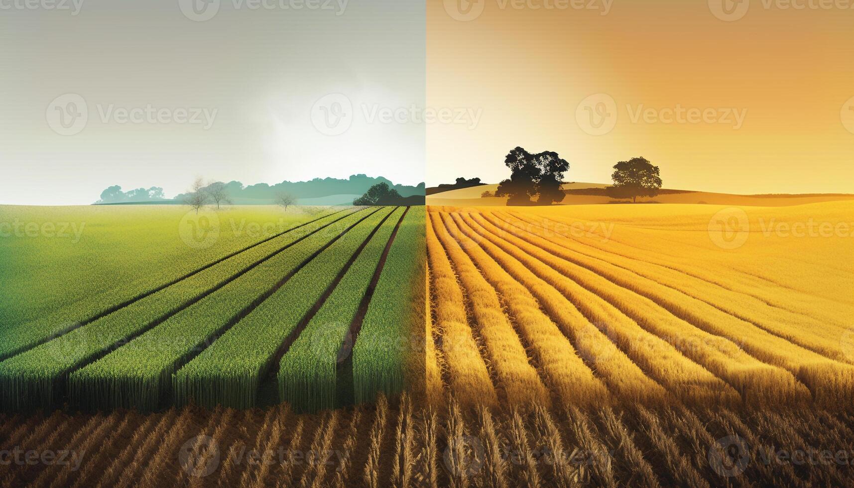 biologique blé récolte à le coucher du soleil dans Prairie généré par ai photo