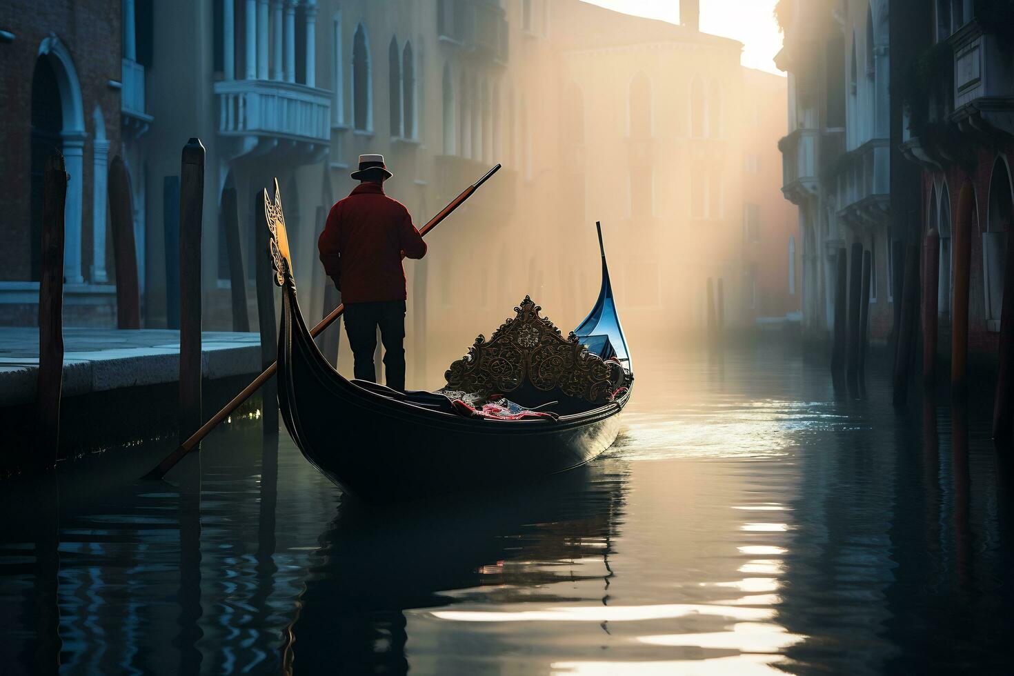 une gondolier gracieusement navigation une canal génératif ai photo