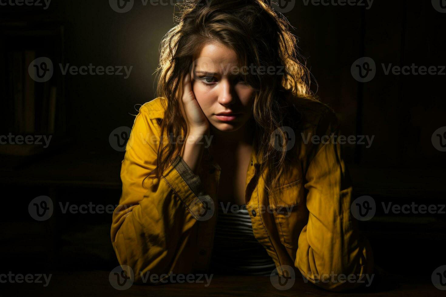 déprimé Jeune femme dans vaguement allumé pièce isolé sur une pente Contexte photo