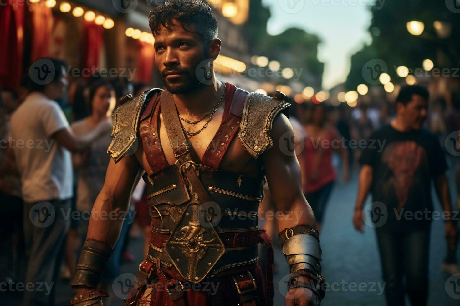 une rue interprète habillé comme une romain gladiateur une photo de une coureur sprint par une ville parc ai génératif