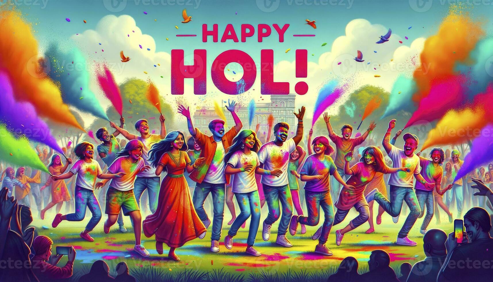le Holi fête avec gens joyeusement engageant dans festivités dans une parc paramètre. ai génératif photo