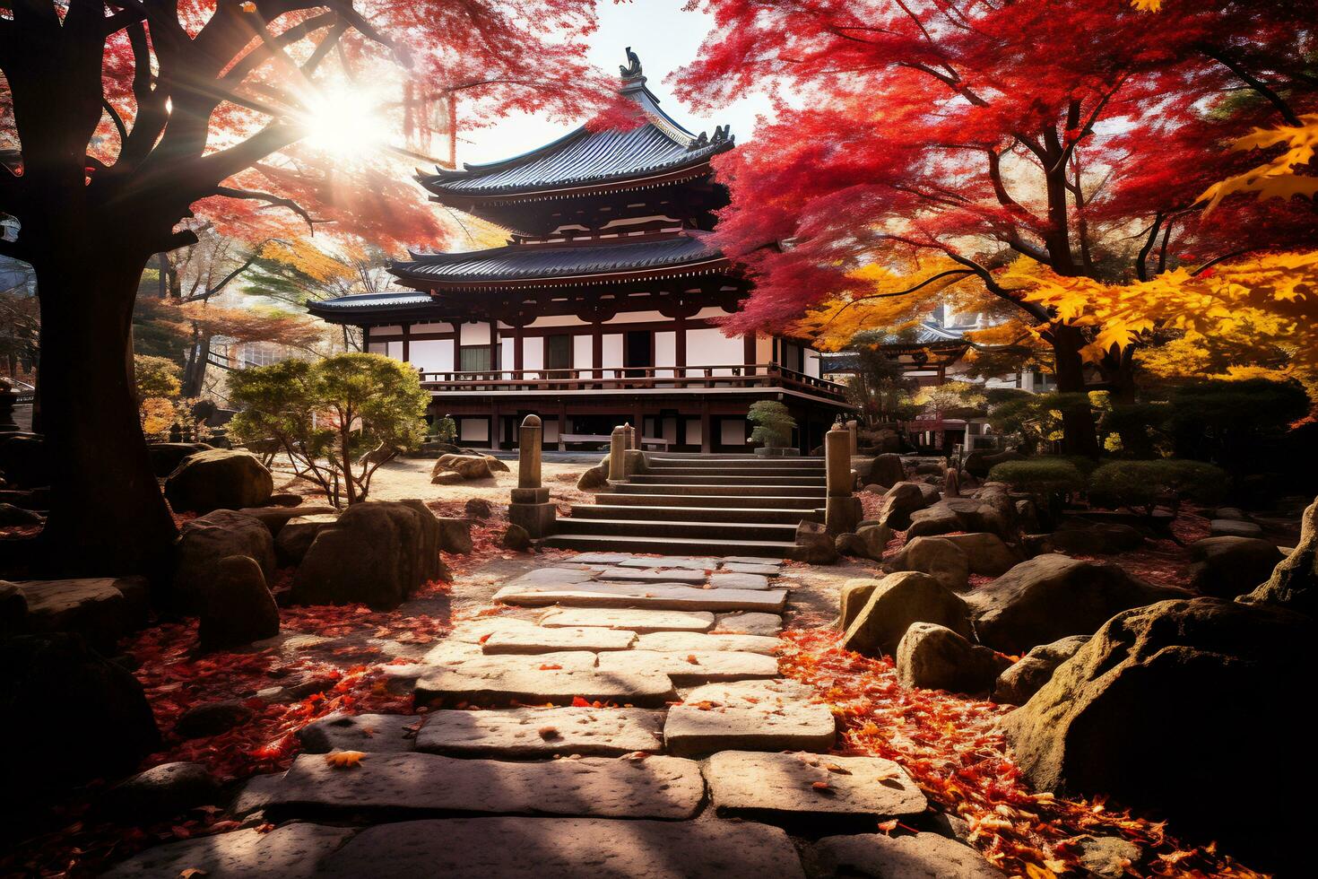 Kyoto temple orné avec vibrant l'automne ai génératif photo
