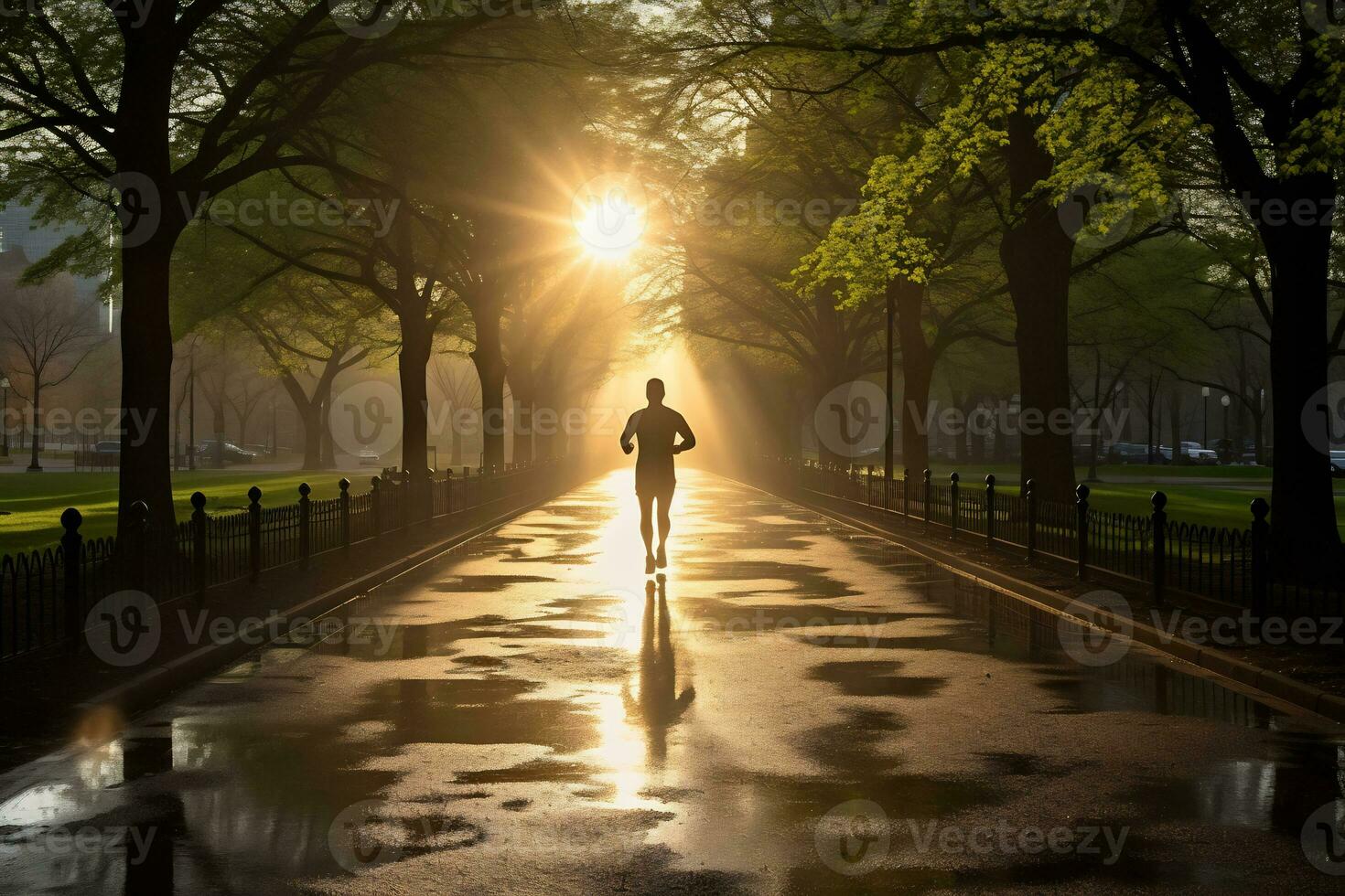 une photo de une coureur sprint par une ville parc ai génératif