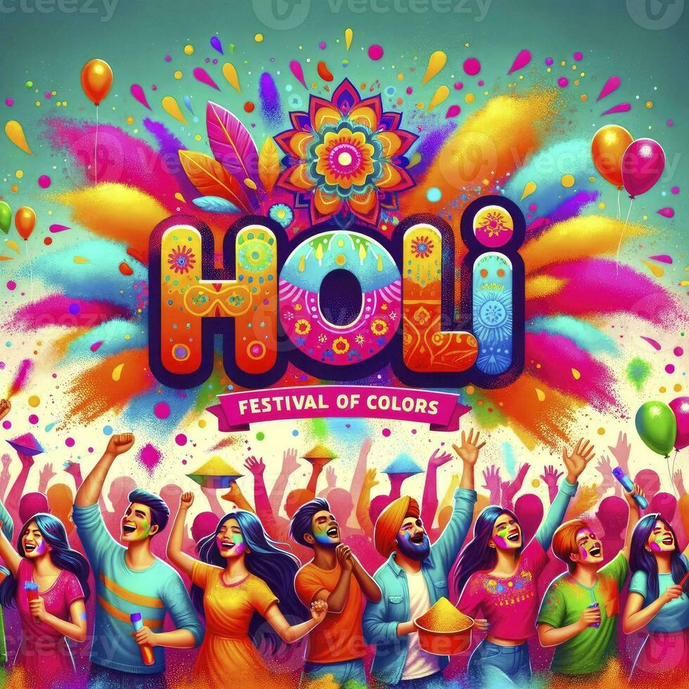 Holi fête scène. une diverse groupe de gens joyeusement lancement coloré poudres à chaque autre. ai génératif photo