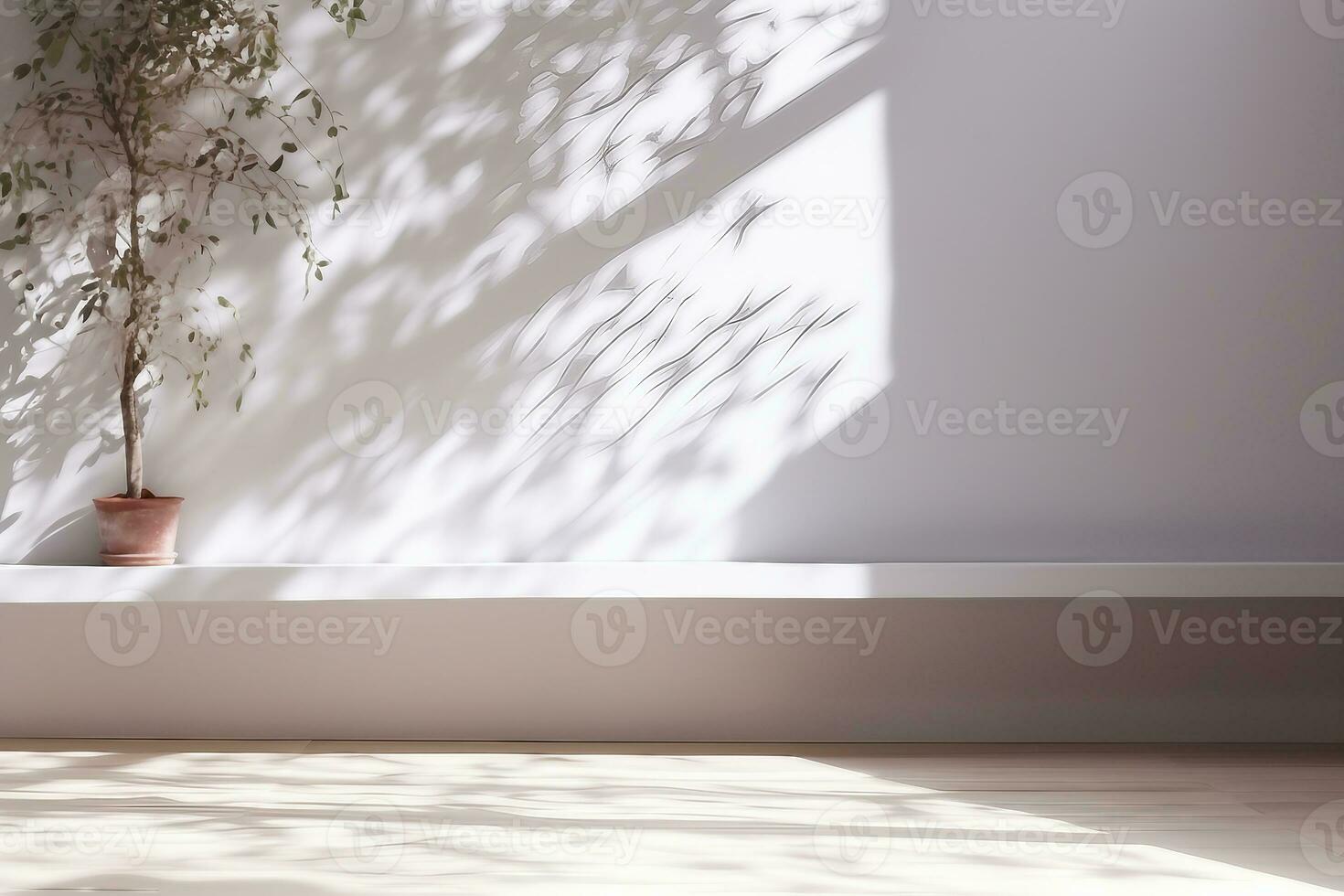 intérieur conception, 3d stimuler de blanc pièce intérieur et bois planche sol avec Soleil lumière jeter ombre sur le mur, point de vue de minimal conception architecture. génératif ai. photo