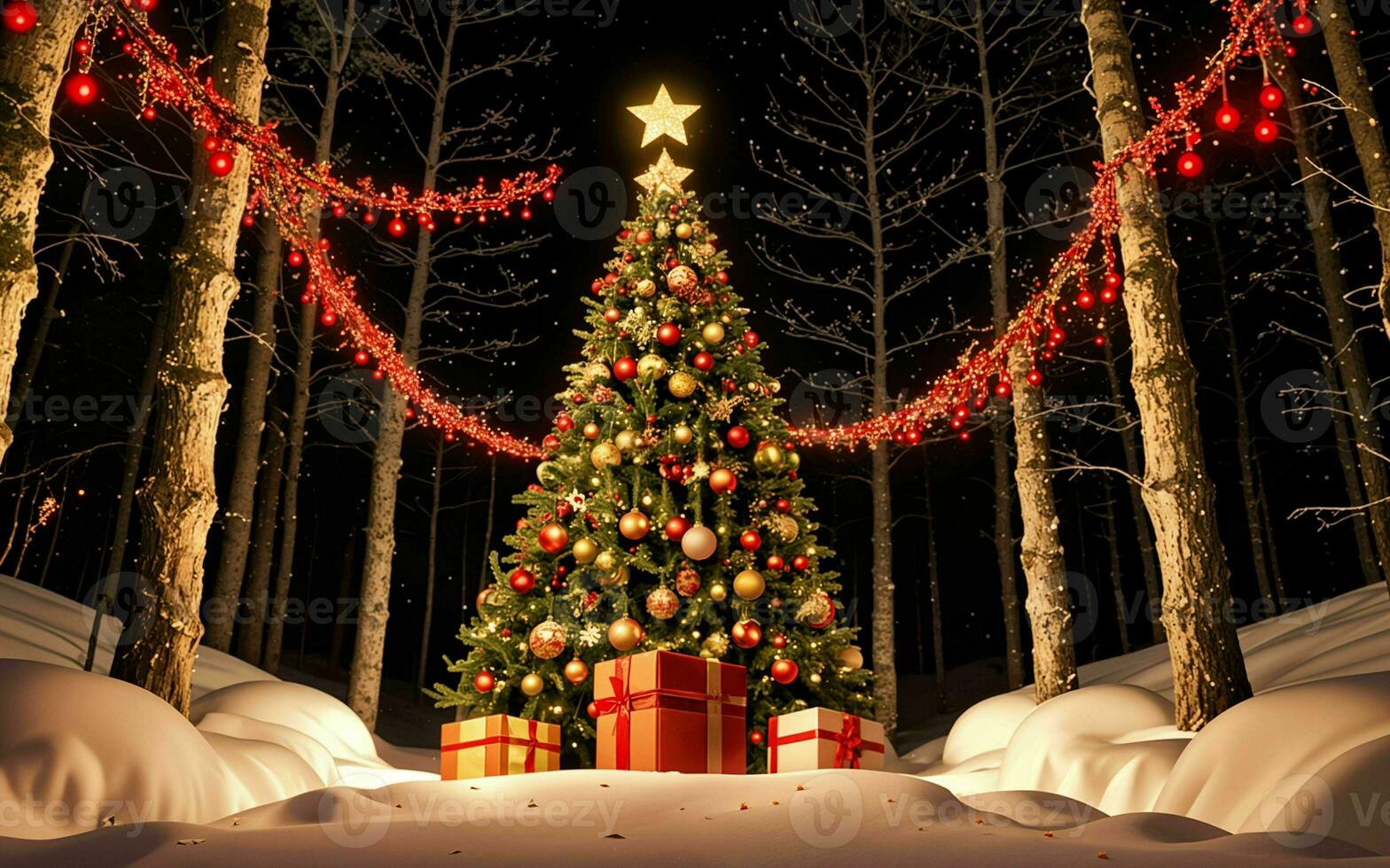 enchanté Noël forêt illuminé des arbres neigeux flocons et de fête cadeaux photo