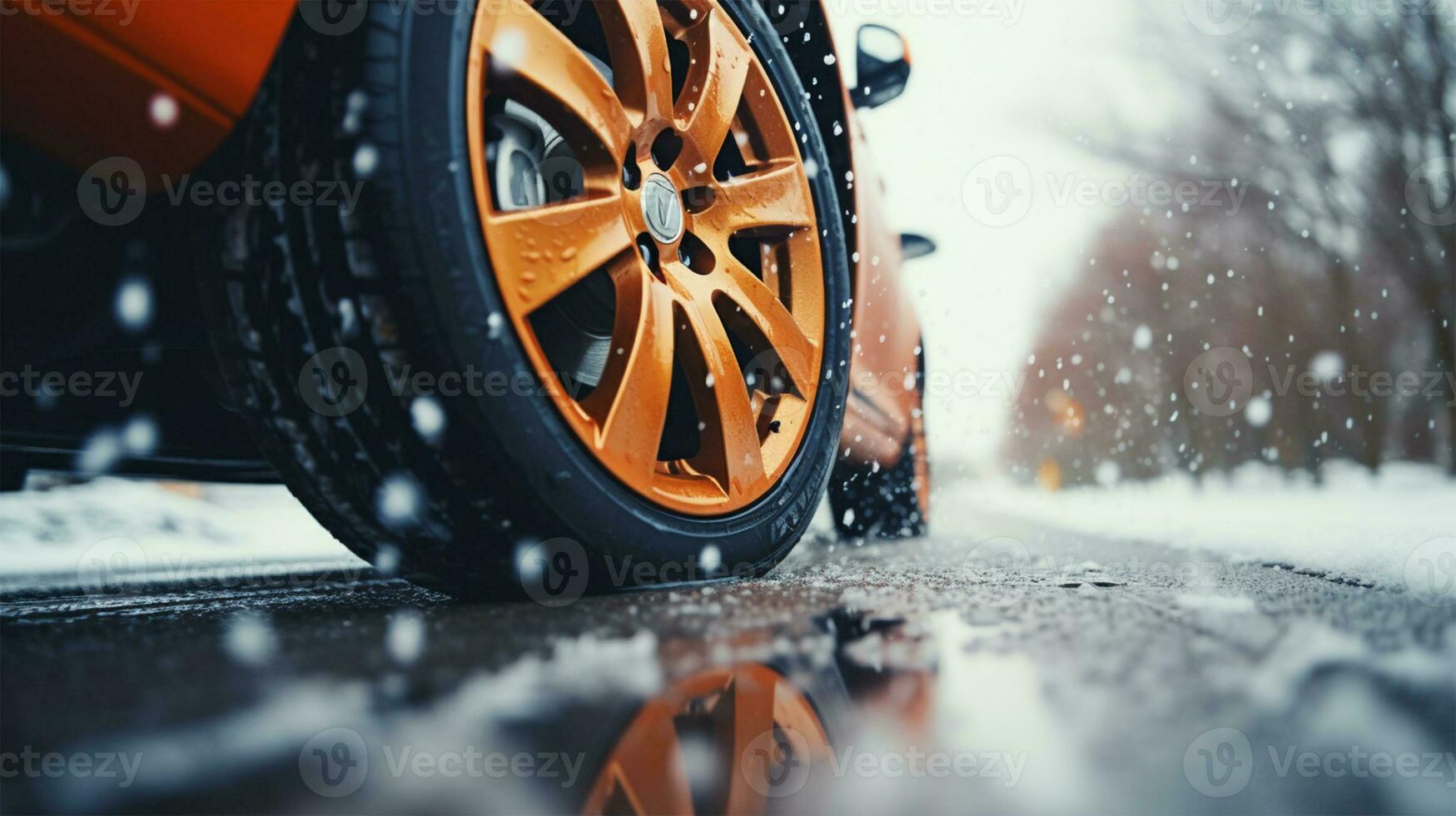 ancien voiture sur une hiver route. fermer image ai généré photo