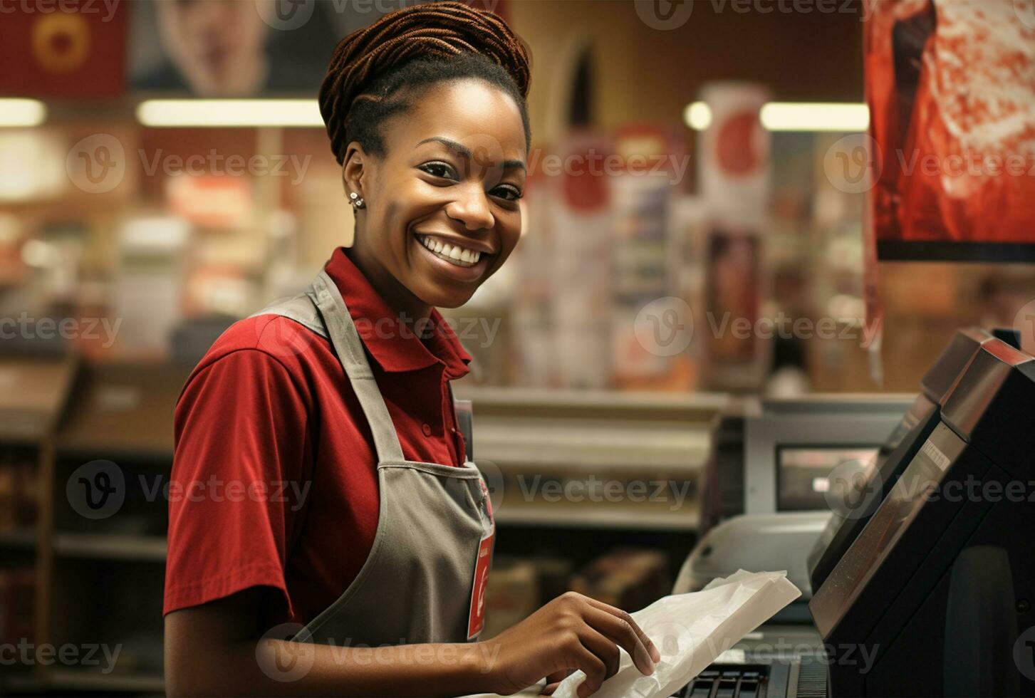 portrait de une Jeune africain américain la caissière souriant à le caméra dans une café magasin ai généré photo