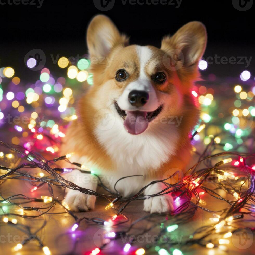 mignonne gallois corgi chien dans guirlande . ai généré photo