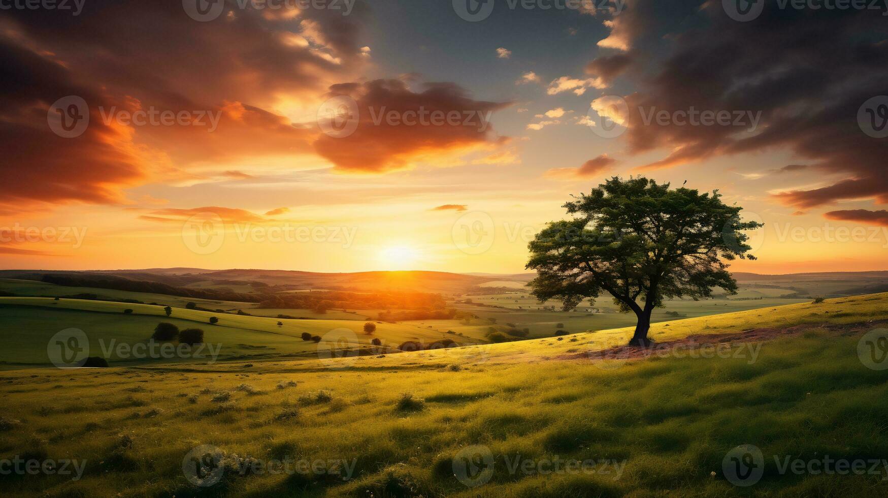 majestueux le coucher du soleil plus de vert prés ai génératif photo