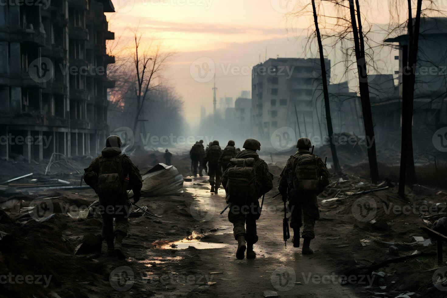 soldats marcher par le ruines de une ville causé par guerre ai génératif photo