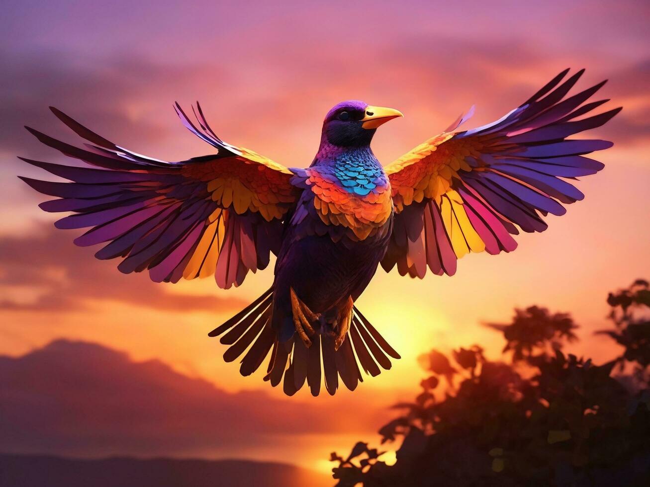 une majestueux oiseau dans vol contre une Stupéfiant, vibrant le coucher du soleil ciel photo