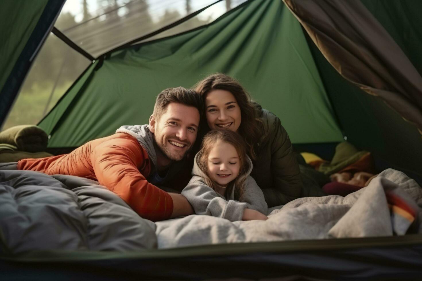 content famille avec peu fille repos dans camping tente.ai généré photo