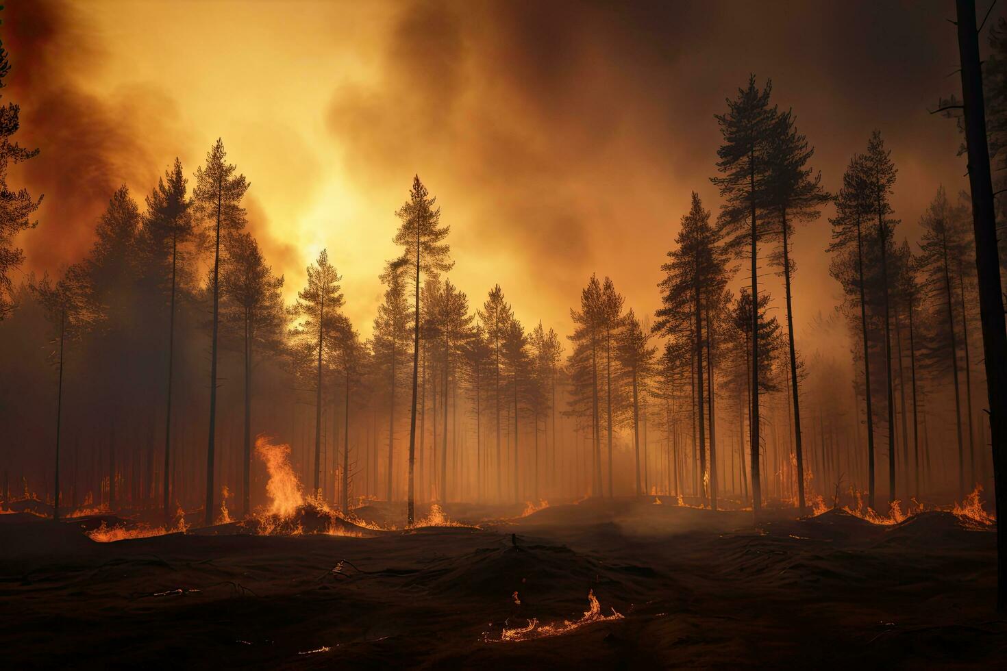 forêt Feu. brûlant pin des arbres et herbe sur le sol dans le forêt. brûlant forêt, Feu et fumée dans le soir. conceptuel image, ai généré photo