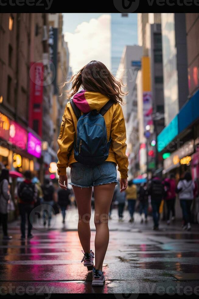 Candide portrait de une bien habillé fille en marchant par le des rues- généré en utilisant ai La technologie photo