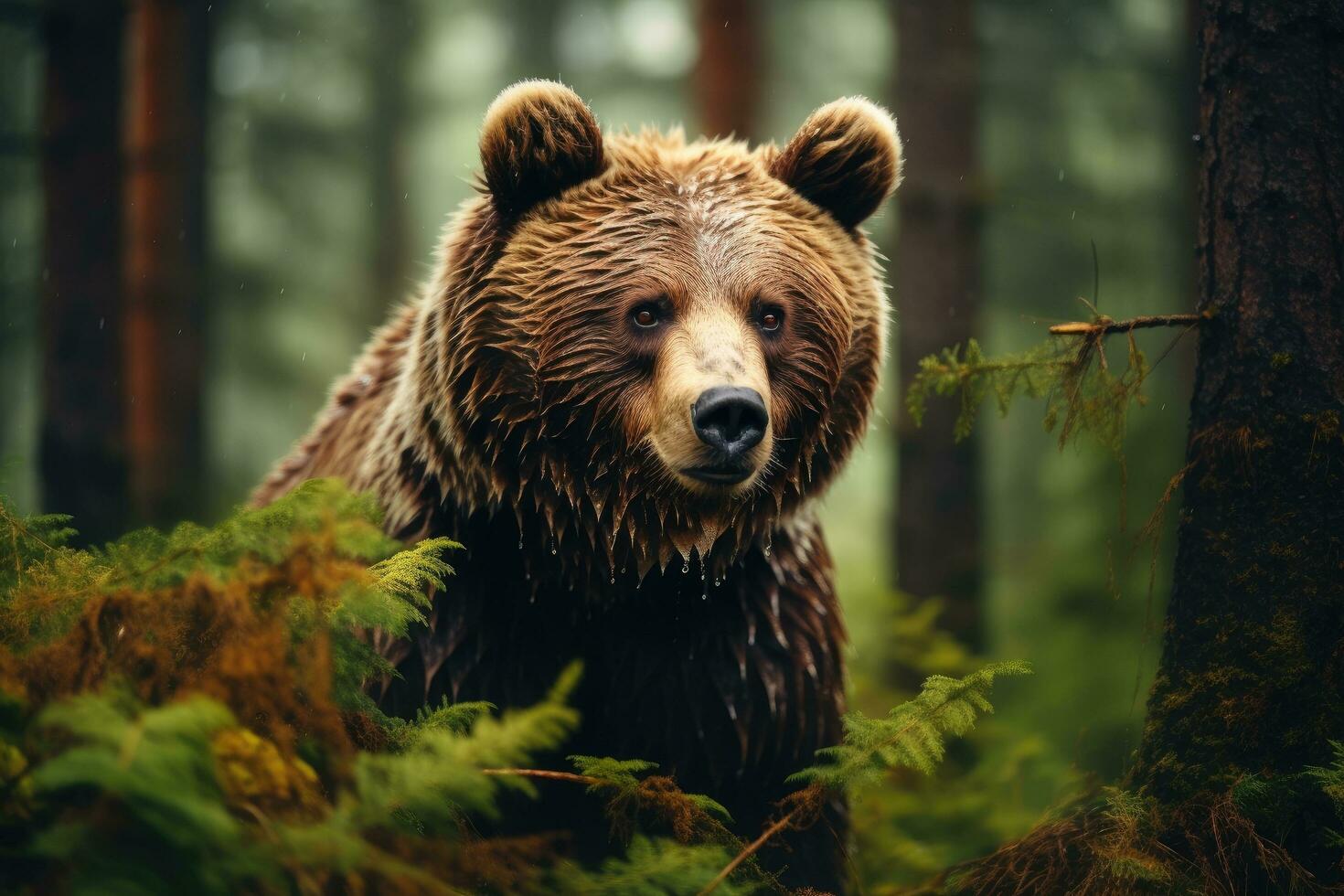magnifique marron ours dans le forêt. sauvage animal dans le forêt, marron ours dans le forêt, fermer de une sauvage animal, ai généré photo