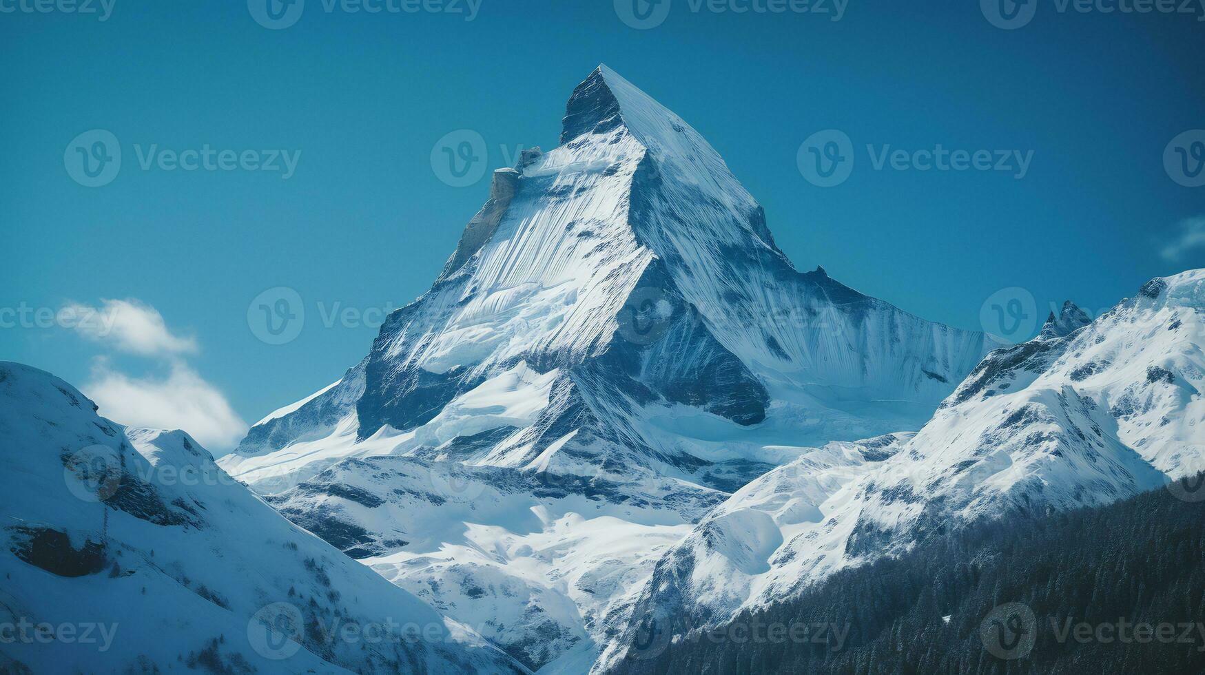 une parfait neige couvert Montagne de pointe ai génératif photo