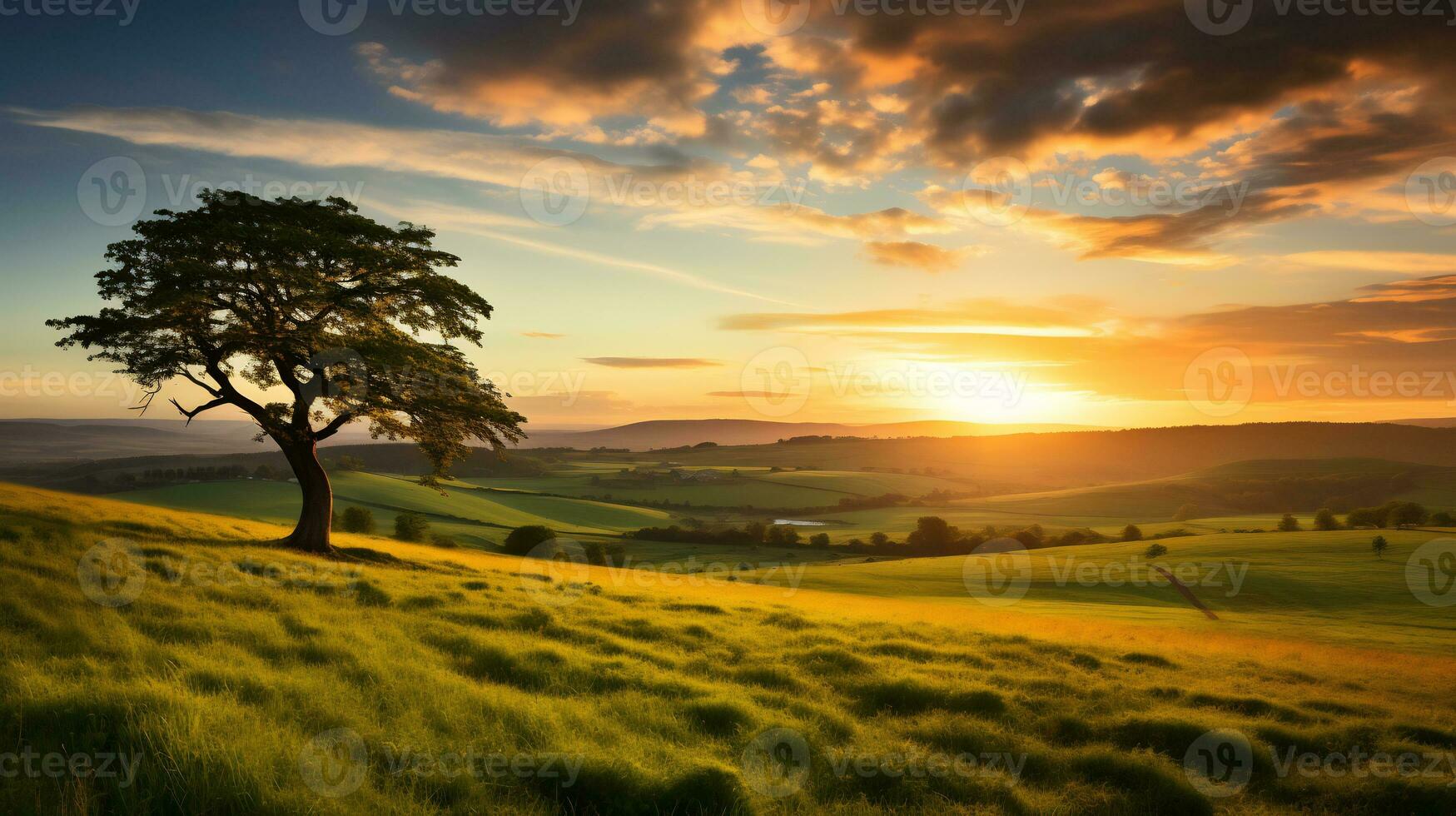 majestueux le coucher du soleil plus de vert prés ai génératif photo