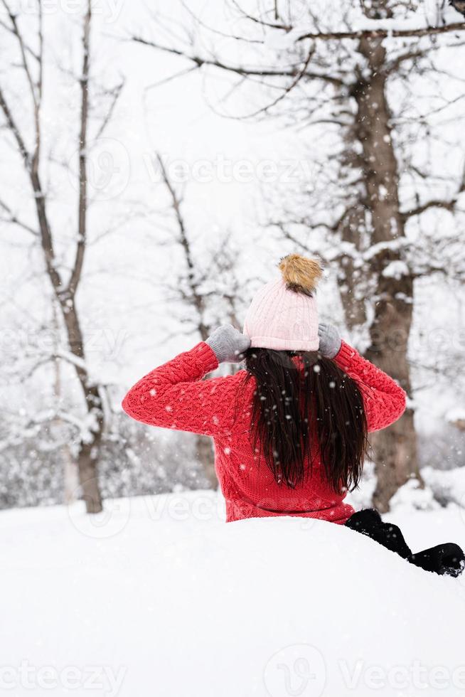 vue postérieure, de, brunette, séance femme, dans, snowy park, dans, chutes de neige photo