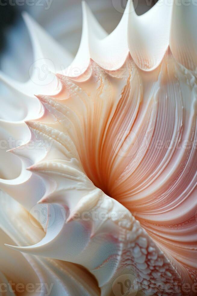 verticale extrême fermer texture de blanc magnifique conus coquille, abstrait Contexte de macro de mer vie. ai généré photo