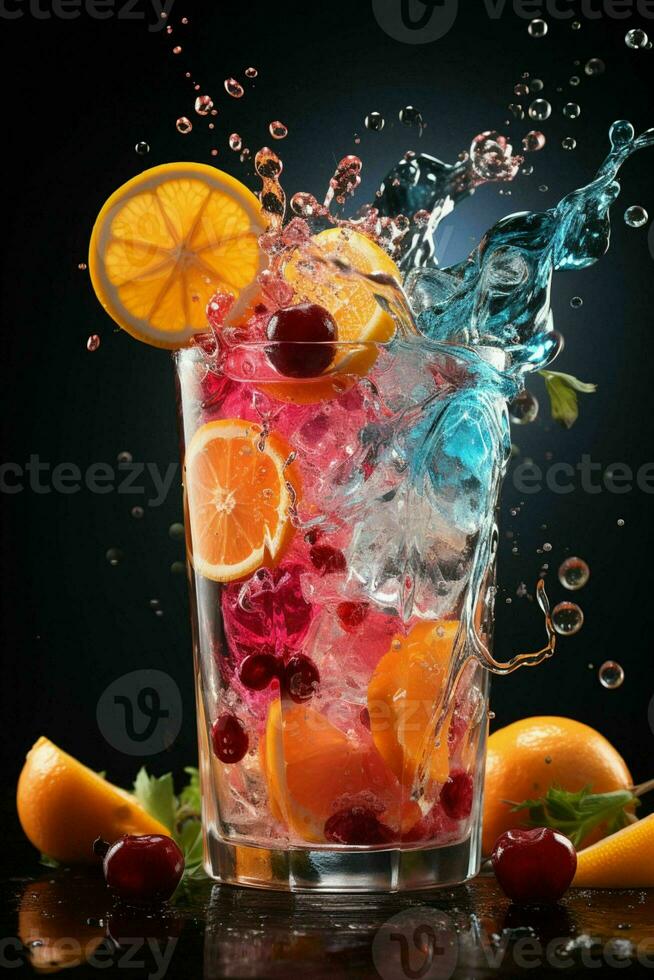 coloré cocktail avec glace, fruit, éclaboussures sur une foncé Contexte généré par artificiel intelligence photo