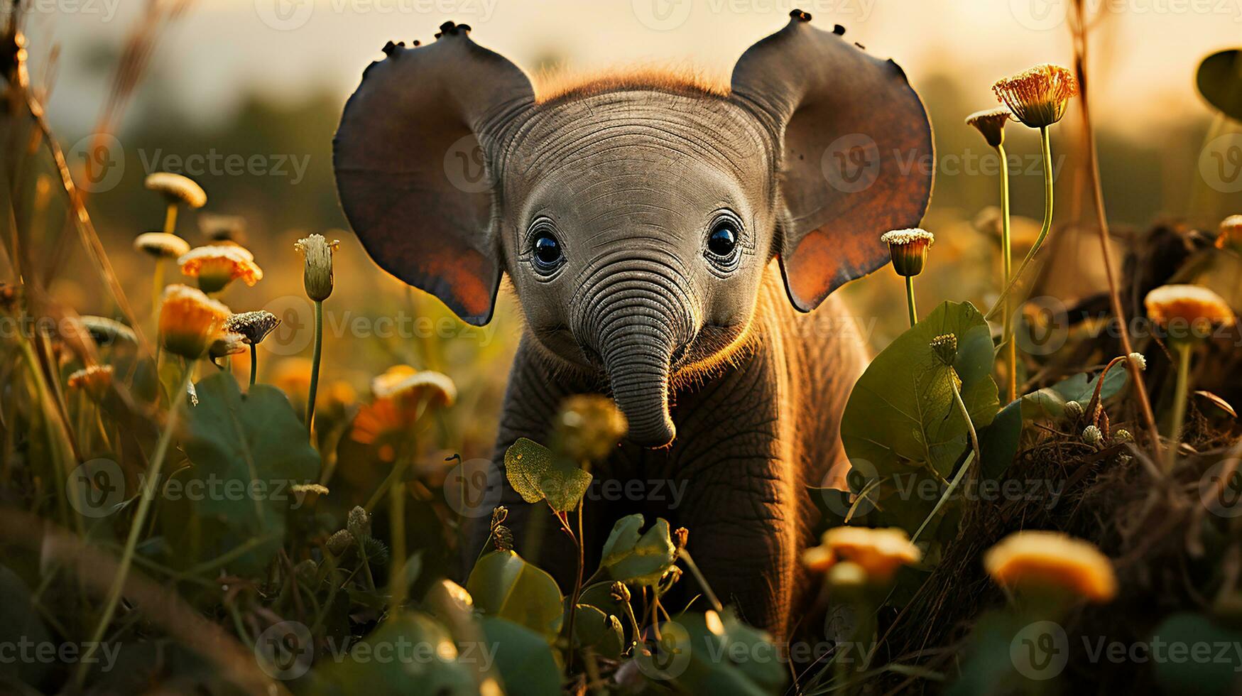 bébé l'éléphant à coucher de soleil, ai généré photo