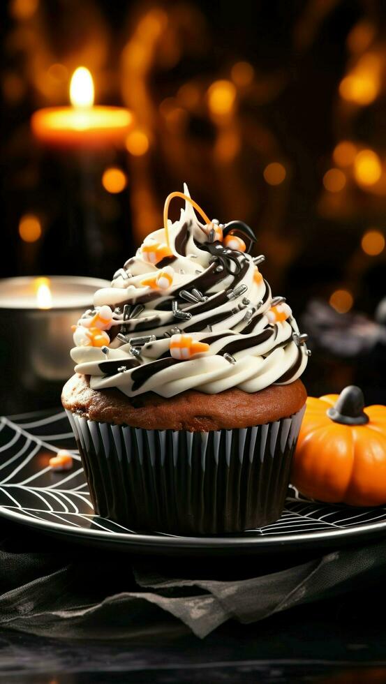 afficher de tasse gâteau avec crème avec citrouilles décoration sur le assiette de ai généré photo