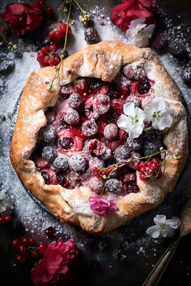 rustique baie galette gâteau. l'automne élégance avec canneberges, framboises, et mûres - ai généré photo