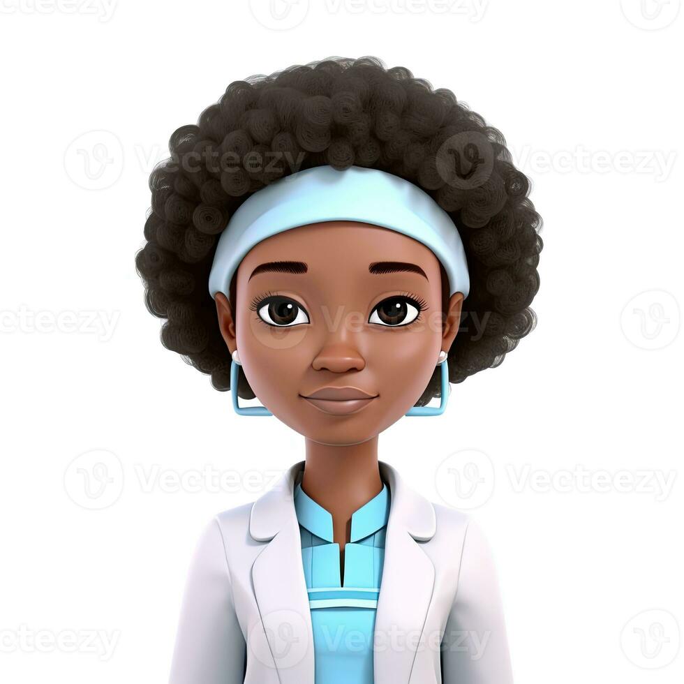 dessin animé pâte à modeler 3d avatar de fille avec foncé peau et afro boucles en ligne médecin isolé sur blanc Contexte photo