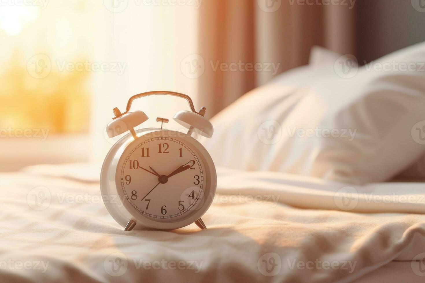 blanc alarme l'horloge sur chevet table dans chambre à coucher, femme en train de dormir sur lit dans Contexte. ai généré photo