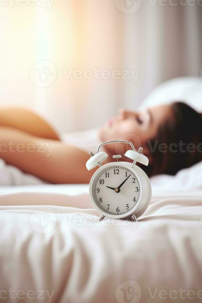 blanc alarme l'horloge sur chevet table dans chambre à coucher, femme en train de dormir sur lit dans Contexte. ai généré photo