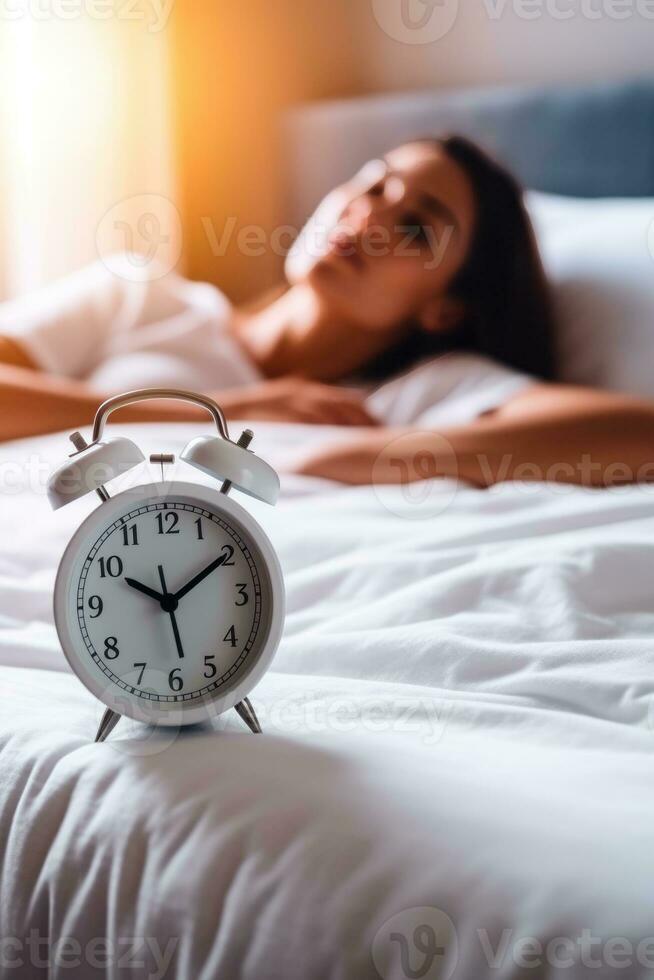 blanc alarme l'horloge sur chevet table dans chambre à coucher, femme en train de dormir sur lit dans Contexte. ai généré photo