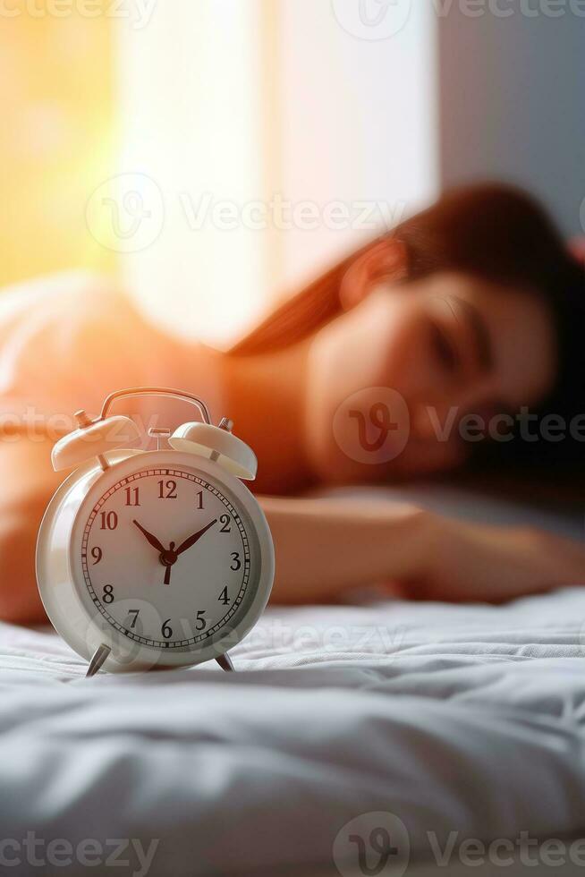 blanc alarme l'horloge sur chevet table dans chambre à coucher, femme en train de dormir sur lit dans Contexte. ai généré photo