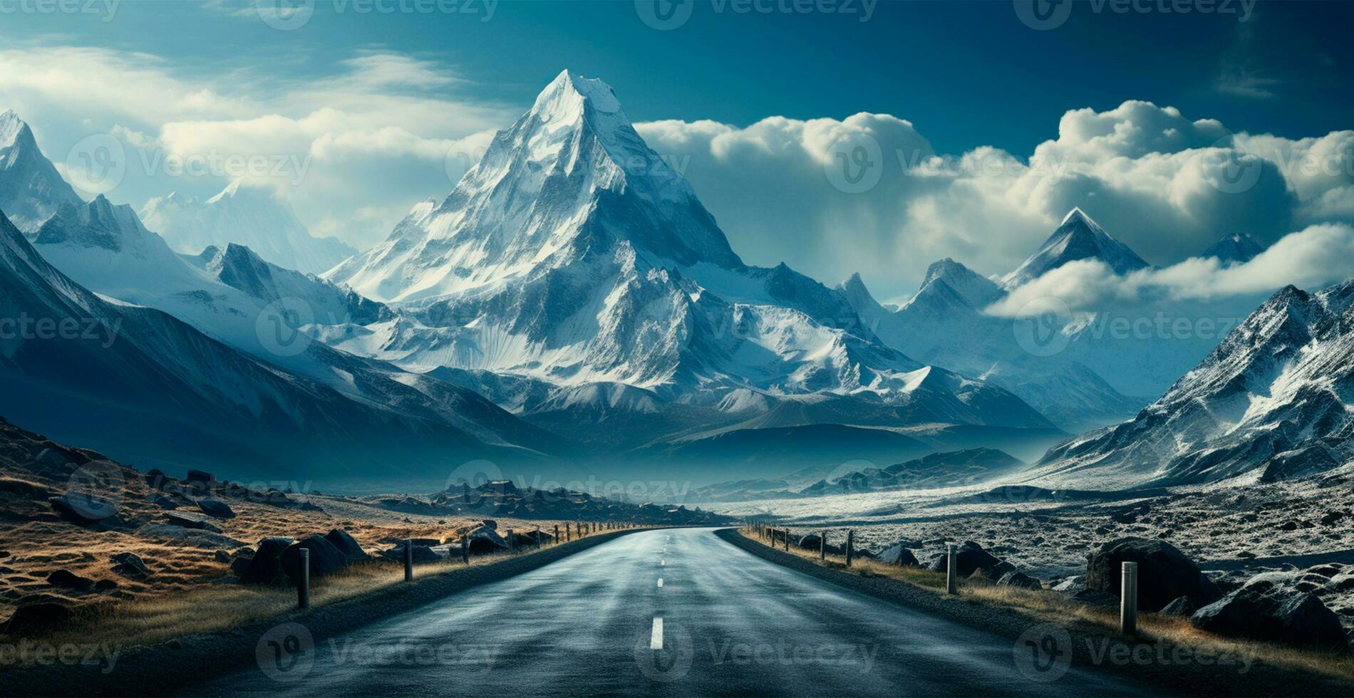 asphalte route élongation dans le distance, Montagne neigeux paysage - ai généré image photo