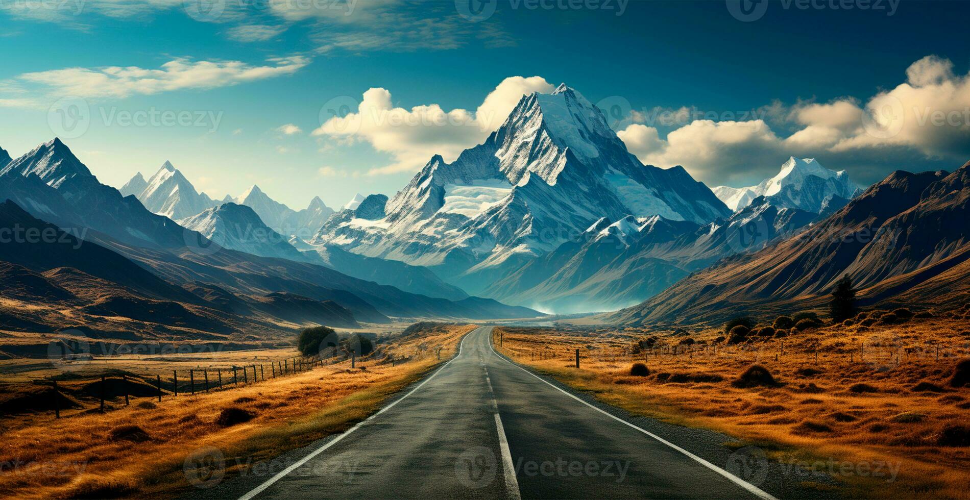 asphalte route élongation dans le distance, Montagne neigeux paysage - ai généré image photo