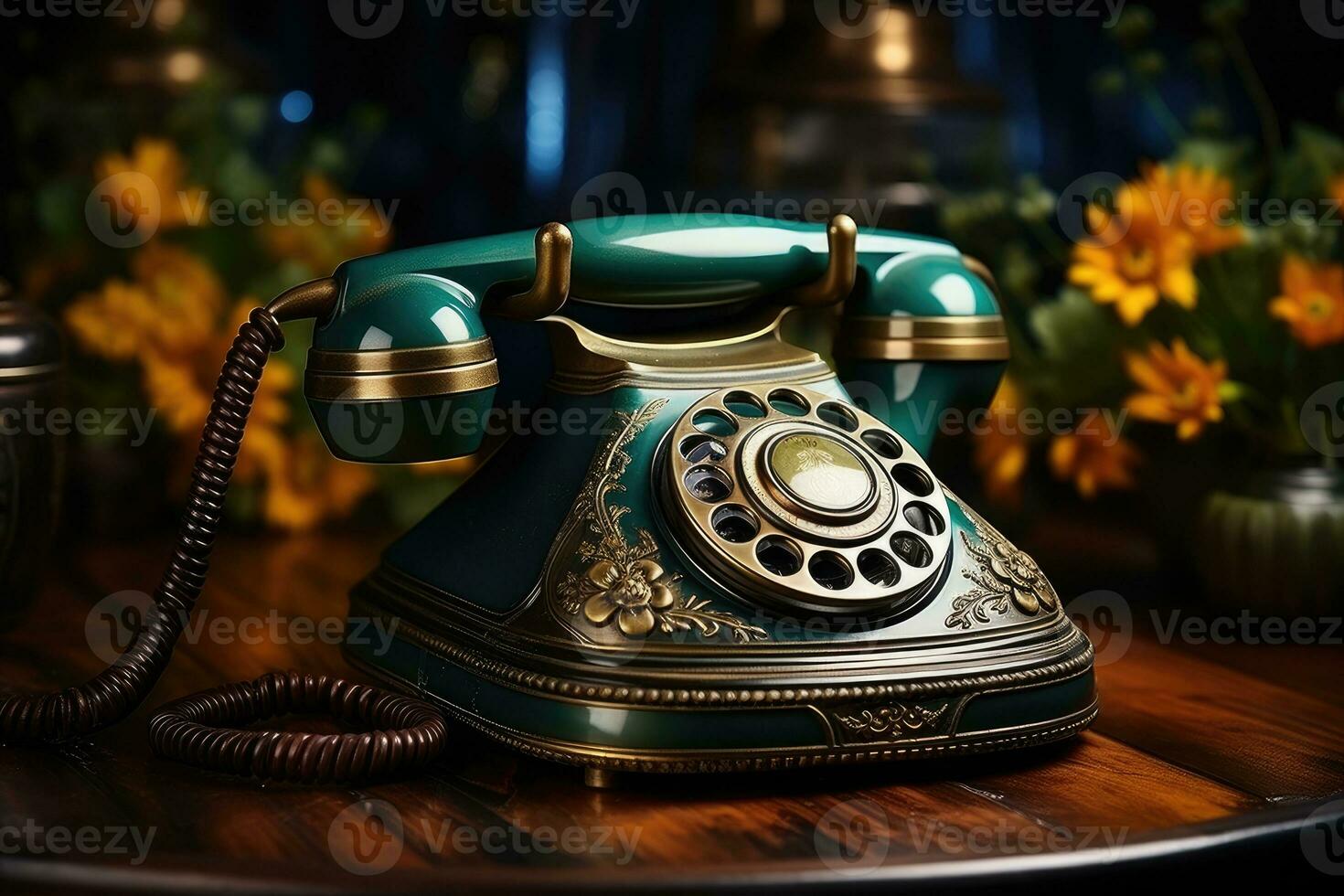 vieux téléphone sur table ancien style ai généré photo