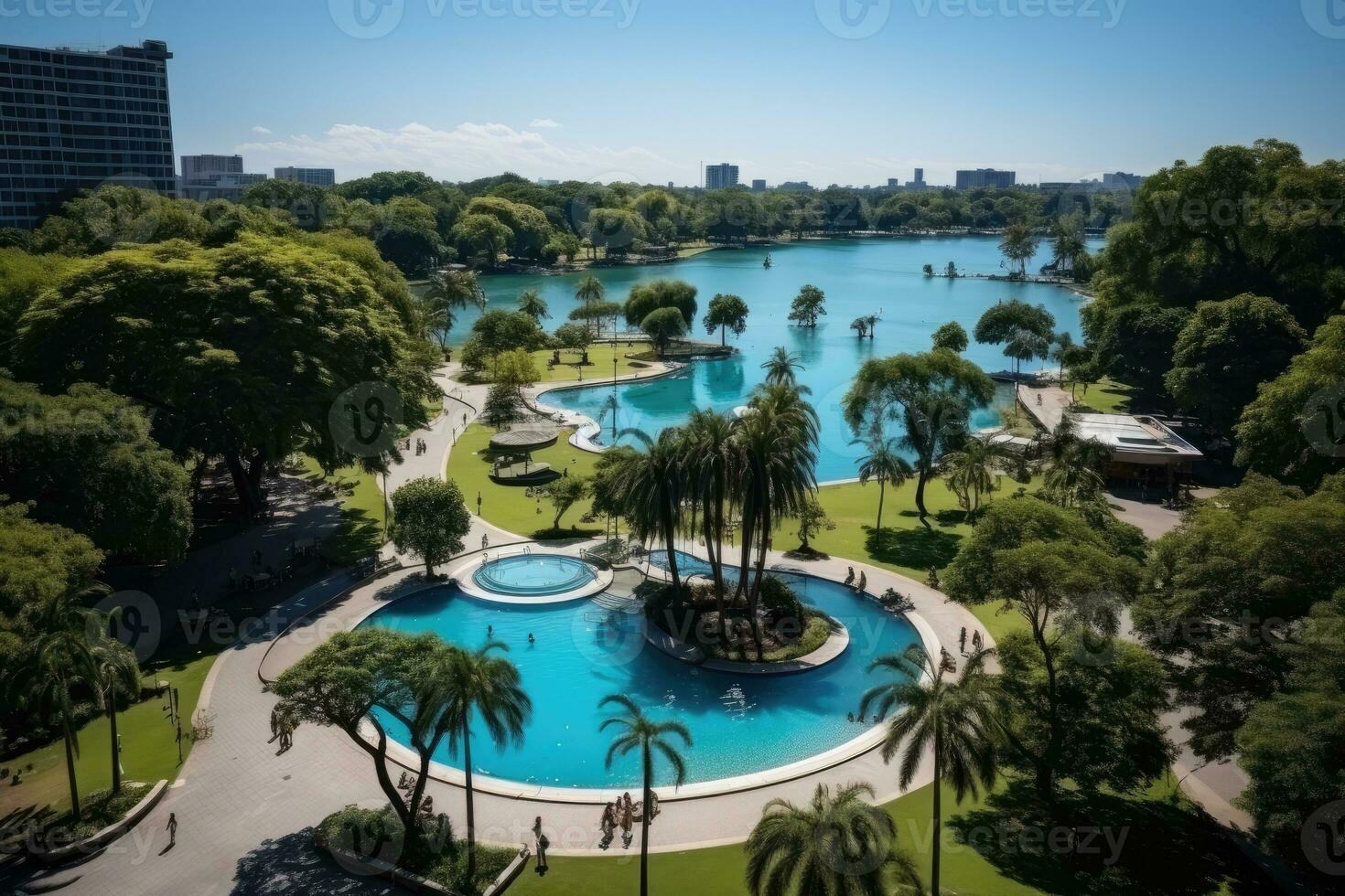 une parc dans une animé ville avec large ouvert espace fleur des champs ai généré photo